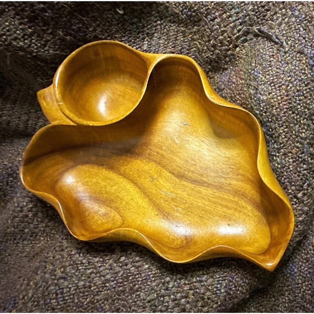 Handcrafted Hawaiian Koa Wood Leaf-Shaped Serving Tray w/ Dip Bowl, Signed